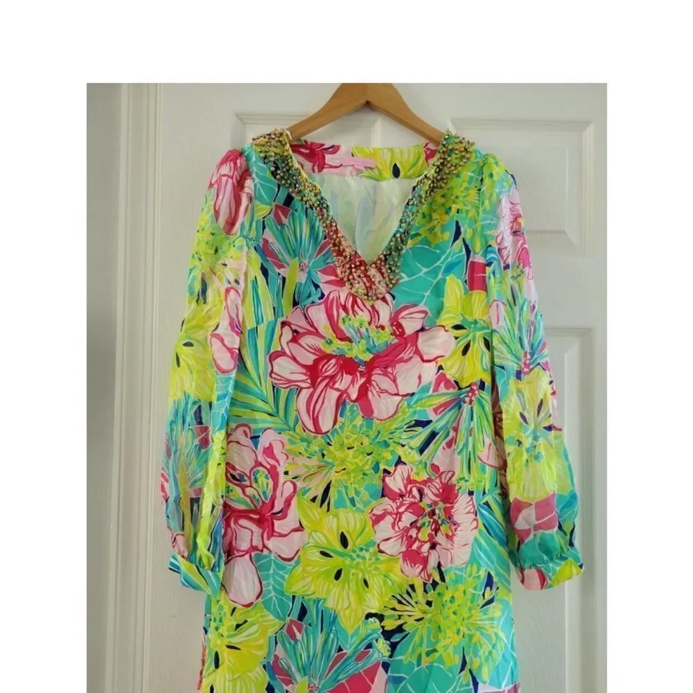 Lilly Pulitzer Silk Saemus Dress in Schooner Blue Land Escape Print Size 2